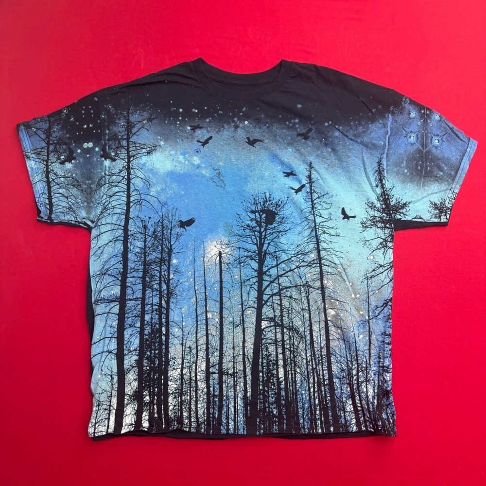 Tony Hawk Mens XXL Graphic T-Shirt Blue Forest Night Sky Birds Nature Print